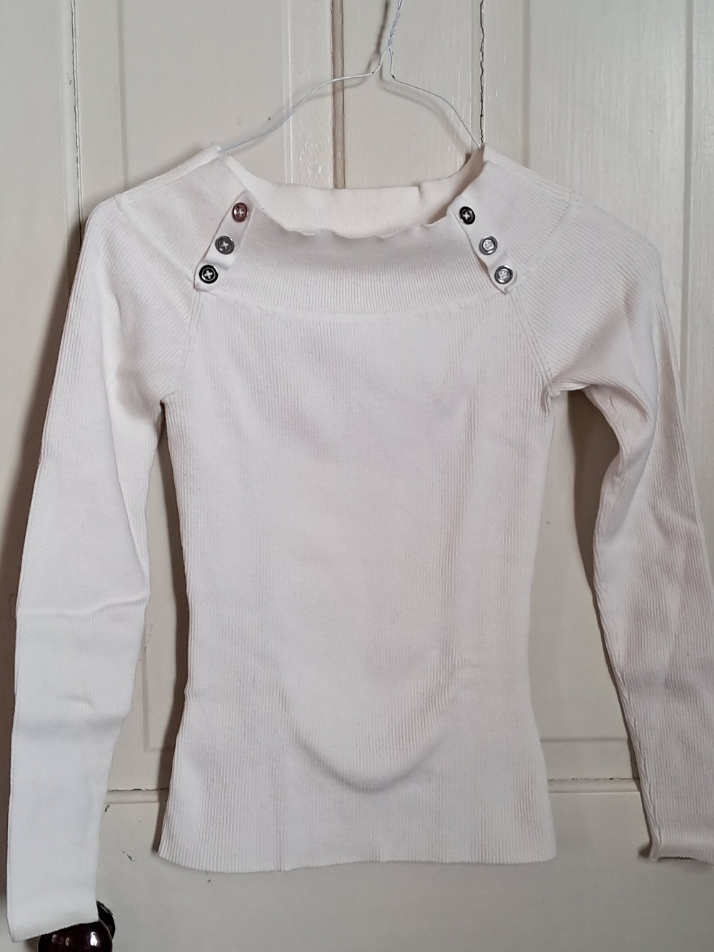 White House Black Market Cream Ribbed Button-Shoulder Turtleneck Sweater
